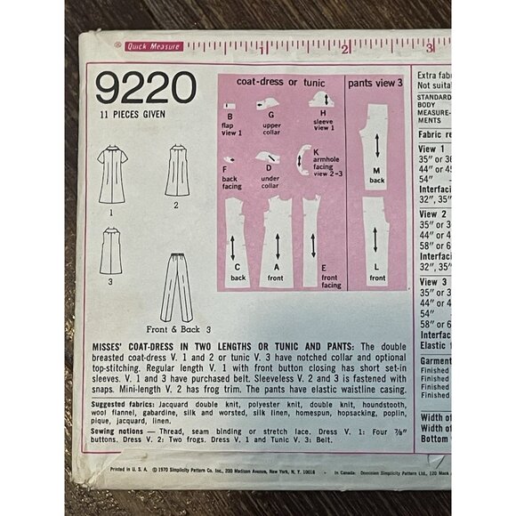 Simplicity 9220 Pattern Vintage Misses Dress Tunic Pants Size 12 UNCUT - Picture 3 of 4